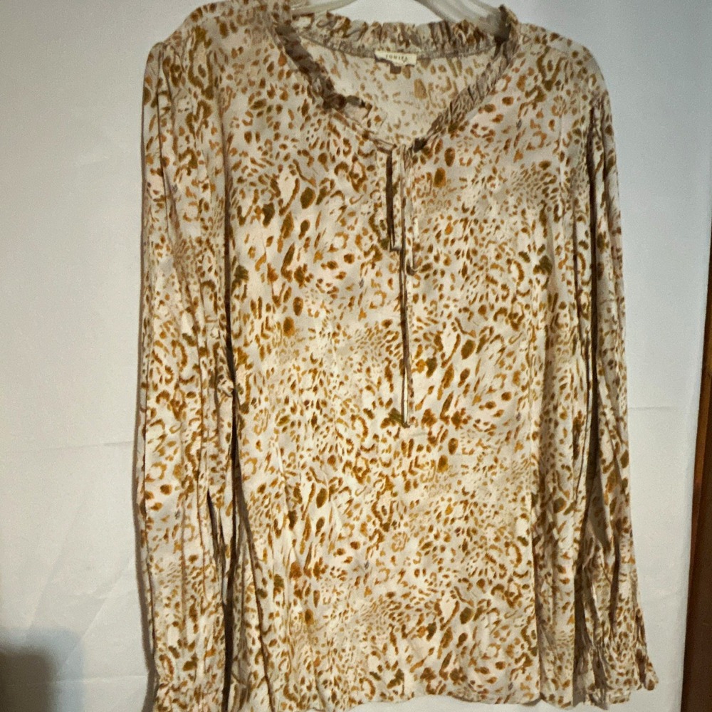 Jodifl Women's Animal Print V-Neck Tie Neck Ruffle Blouse Long Sleeve 3X